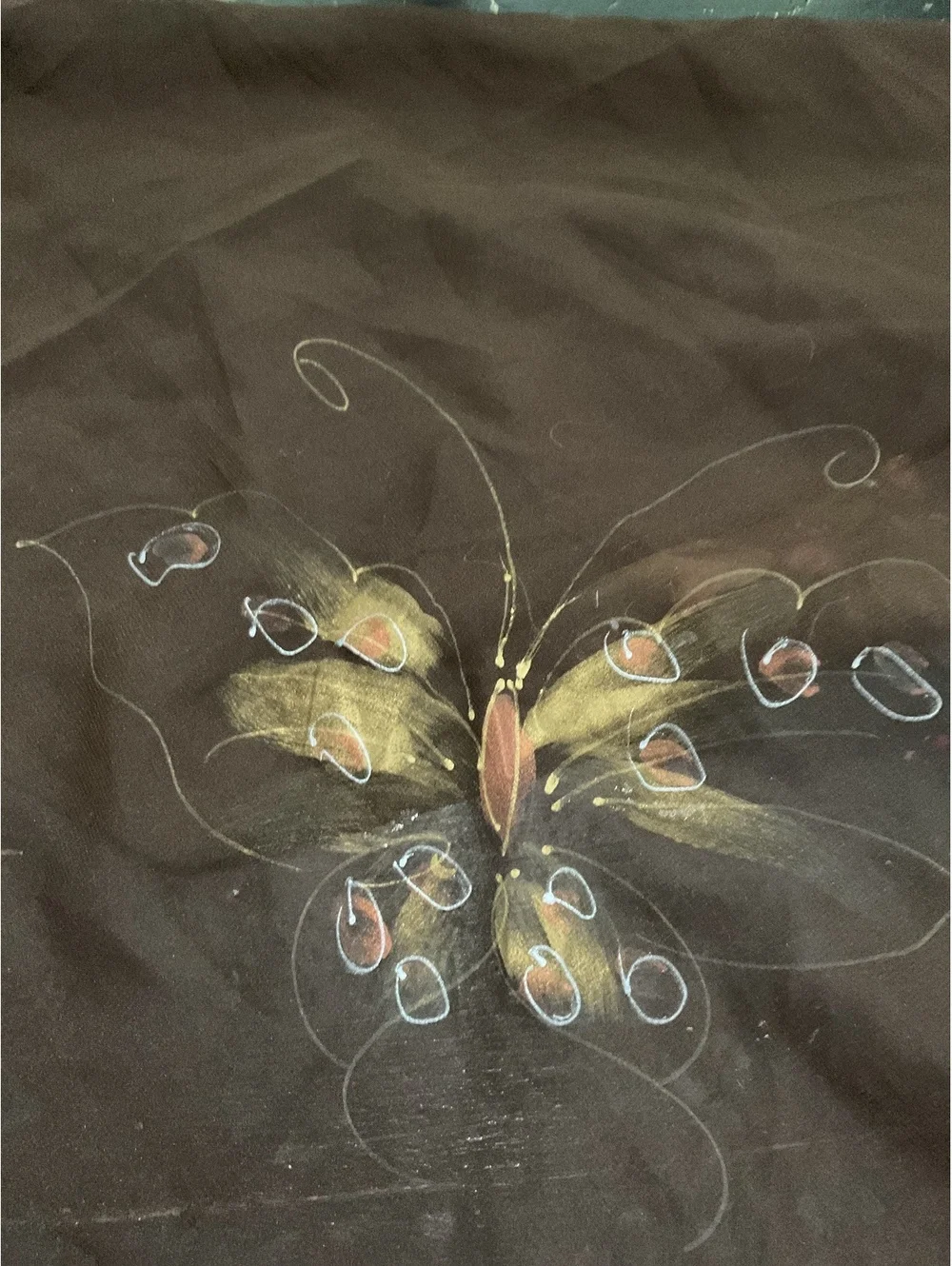 Hand Painted Brown Scarf with Butterfly Design Vintage Fall